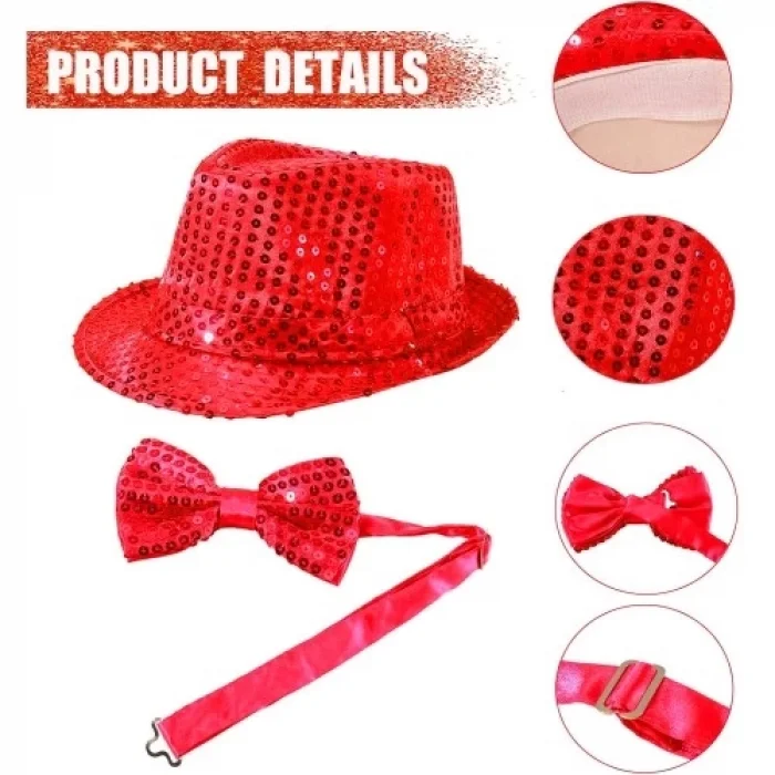  Kırmızı Payetli Şapka ve Papyon Seti – Parıltılı Yetişkin Kostüm Seti