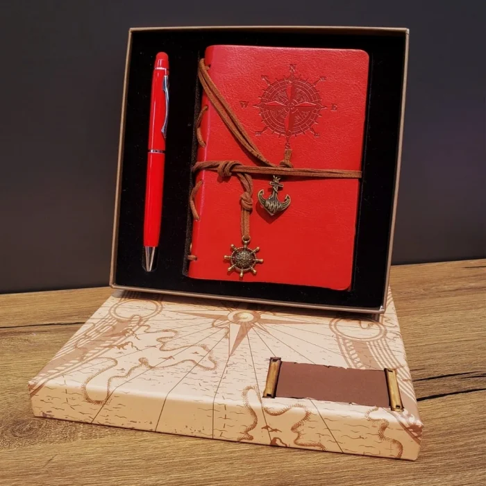 BUĞZ Kırmızı Pusula Tasarım Deri Defter Ve Touchpen Kalem Seti