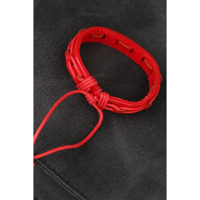 BUĞZ Kırmızı Renk Ayarlamalı İpli Deri Erkek Bileklik - Lisinya