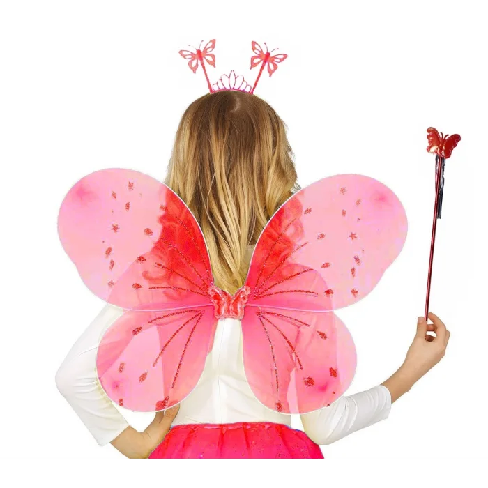 BUĞZ Kırmızı Renk Çocuk Kelebek Kanadı Tacı Ve Asa Seti 50 Cm