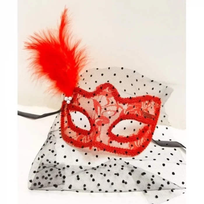  Kırmızı Renk Dantelli Duvaklı İncili Parti Maskesi Balo