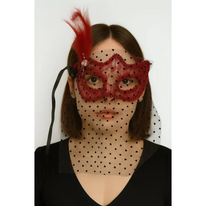  Kırmızı Renk Dantelli Duvaklı İncili Parti Maskesi Balo