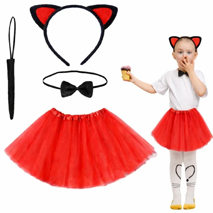 BUĞZ Kırmızı Renk Etekli Kedi Kostüm Seti (Tütü, Taç, Papyon, Kuyruk)