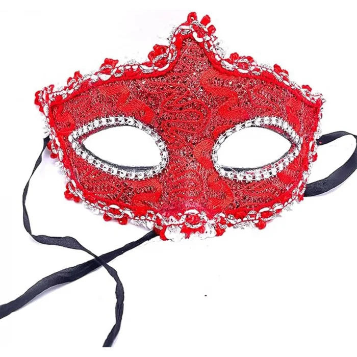  Kırmızı Renk Gözler Kristal Taşlı Dantelli Parti Maskesi 11x17 cm