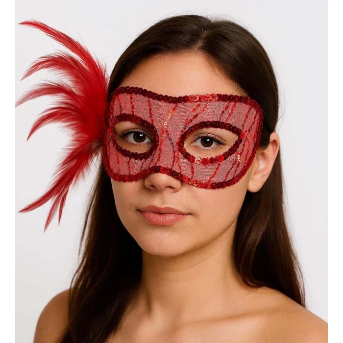 BUĞZ Kırmızı Renk Yandan Tüylü Pul Payet İşlemeli Parti Maskesi 23x12 cm