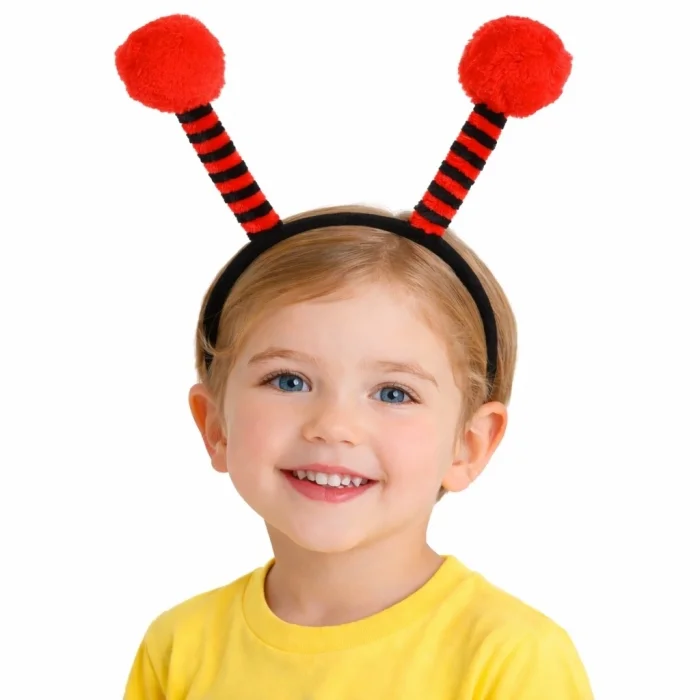 BUĞZ Kırmızı Siyah Uğur Böceği Antenli Taç - Çocuk Uğur Böceği Tacı Mega Ponponlu