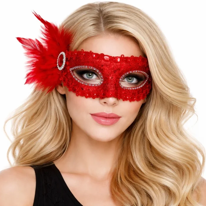 BUĞZ Kırmızı Taşlı Venedik Parti Maskesi – Tüylü Payetli