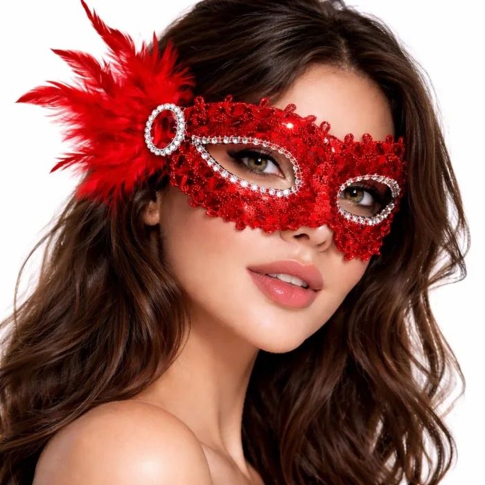 BUĞZ Kırmızı Taşlı Venedik Parti Maskesi – Tüylü Payetli