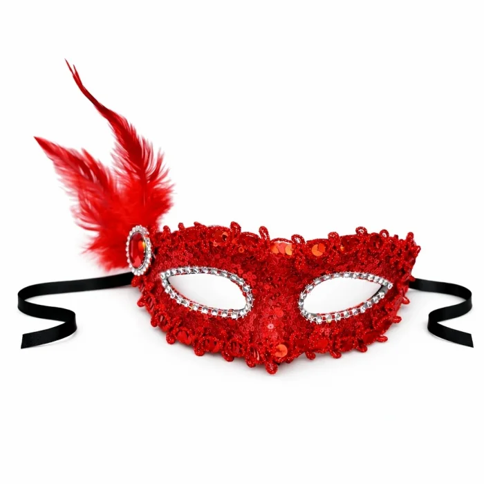 BUĞZ Kırmızı Taşlı Venedik Parti Maskesi – Tüylü Payetli