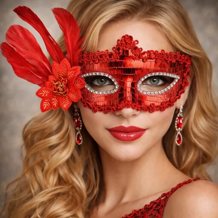 BUĞZ Kırmızı Tüylü Payetli Lüks Taşlı Parti Maskesi