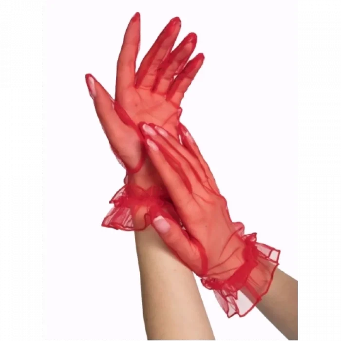  Kısa Boy Likralı Güpürlü Yetişkin Tül Eldiven Kırmızı Renk
