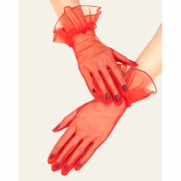  Kısa Boy Likralı Güpürlü Yetişkin Tül Eldiven Kırmızı Renk