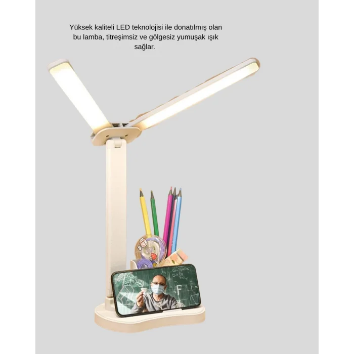 BUĞZ Kısılabilir LED Masa Lambası – Kalemlik ve Telefon Standlı, Göz Yormayan Işık