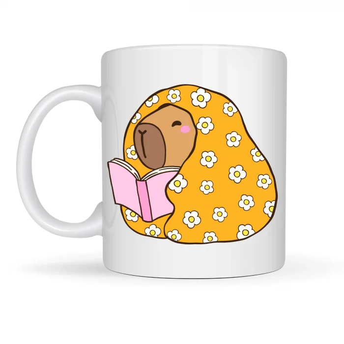 BUĞZ Kitap Okuyan Kapibara Desenli Porselen Kupa MODEL 102 – Sıcacık Tasarım , Kahve & Çay Kupası , Kitap Severlere Özel Hediyelik