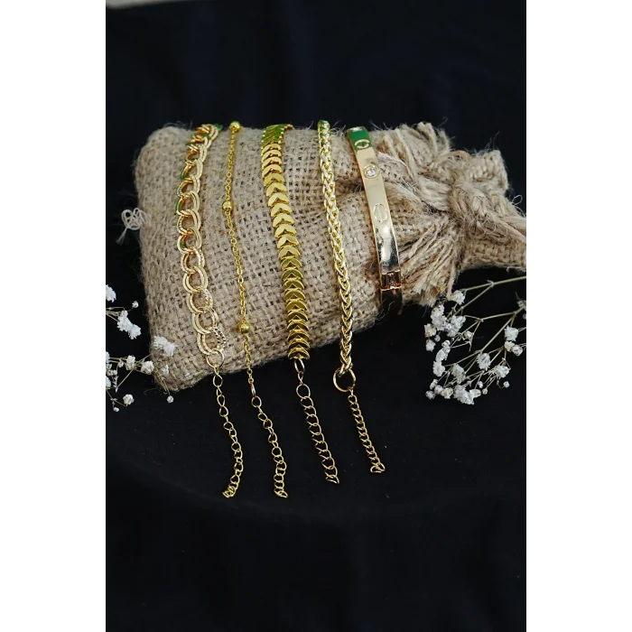 BUĞZ Kombin Bileklik Altın Kaplama Lüks Trend 5 Adet