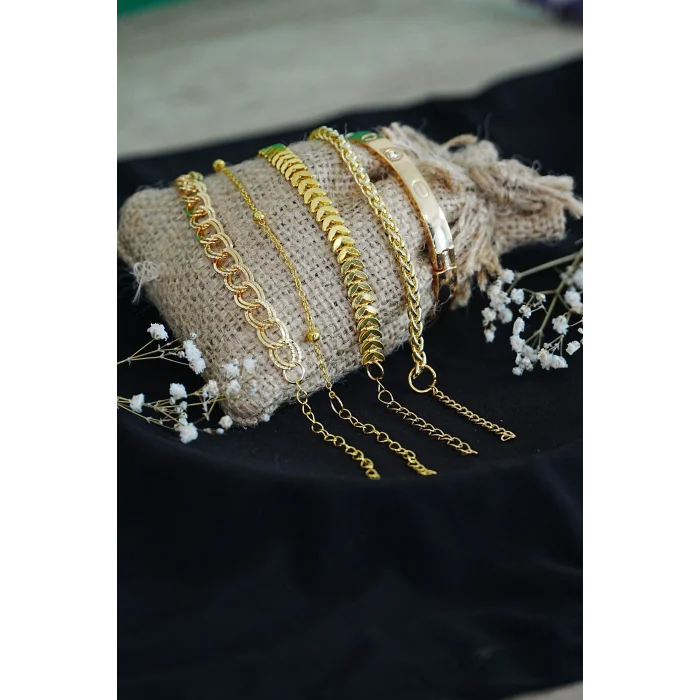 BUĞZ Kombin Bileklik Altın Kaplama Lüks Trend 5 Adet