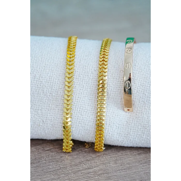 BUĞZ Kombin Bileklik Gold Kılçık Tırtıl ve Düz Cırt Model 3 Adet Birden
