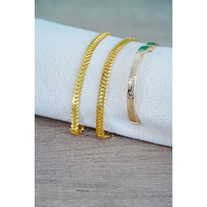 BUĞZ Kombin Bileklik Gold Kılçık Tırtıl ve Düz Cırt Model 3 Adet Birden
