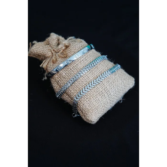 BUĞZ Kombin Bileklik Gümüş Kılçık Tırtıl ve Düz Cırt Model 3 Adet Birden