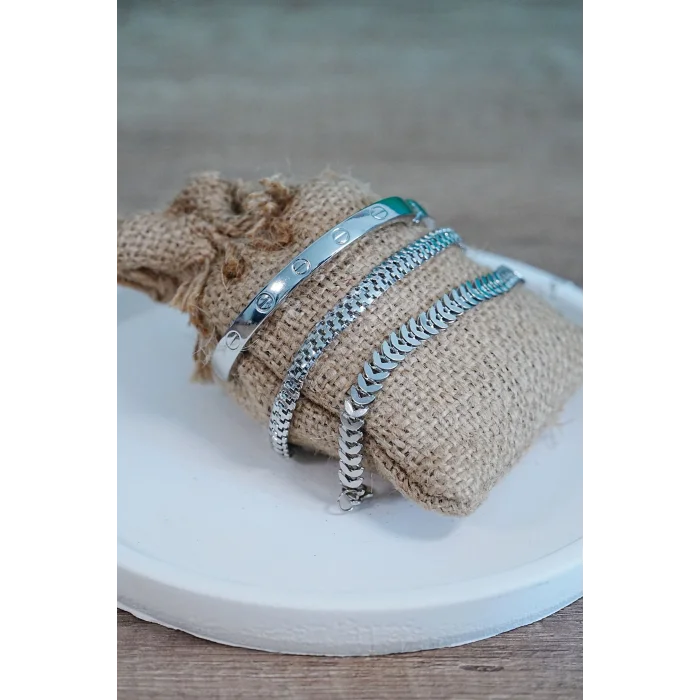 BUĞZ Kombin Bileklik Gümüş Kılçık Tırtıl ve Düz Cırt Model 3 Adet Birden