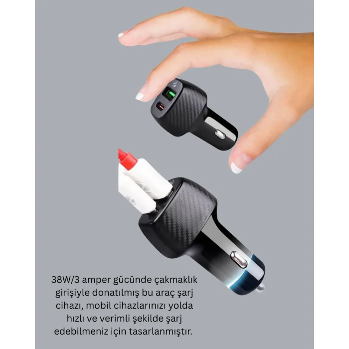 BUĞZ Kompakt Tasarımlı Type-C + USB Girişli Araç Şarj Başlığı