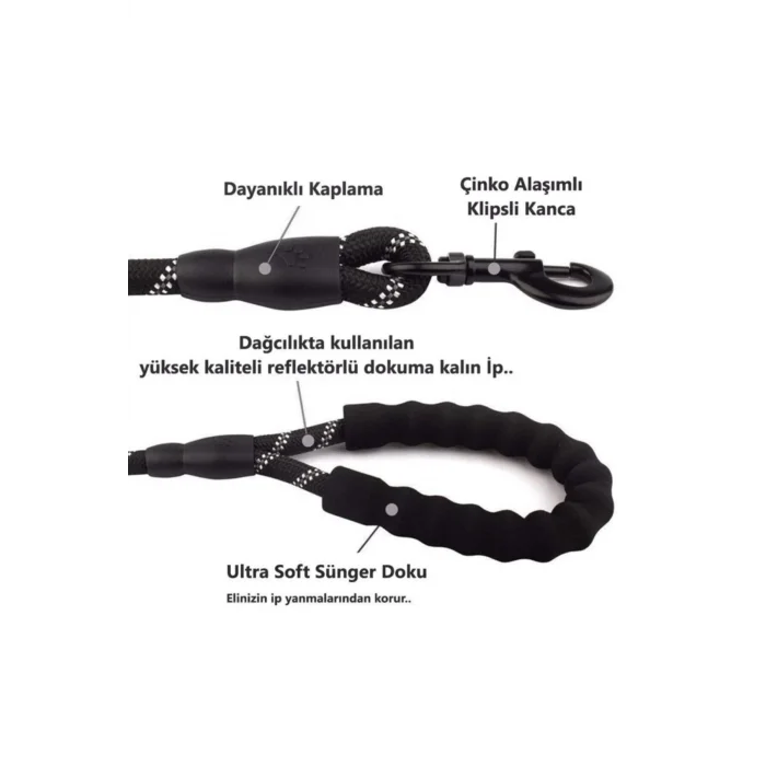 BUĞZ Köpekler İçin Gezdirme Tasması Reflektörlü 130 Cm Halat Orta Ve Büyük Boy Köpekler İçin Siyah