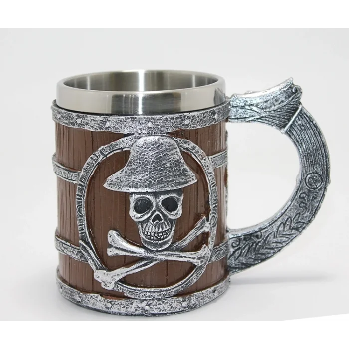 BUĞZ Korsan Temalı Ahşap Görünümlü 3D Kabartmalı Çelik Kupa Bardak