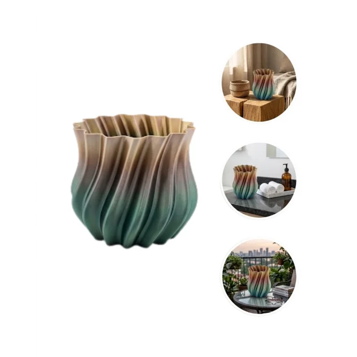 BUĞZ Koyu Metalik Kıvrımlı 3D Vazo Minimal Lüks Ev Ofis Dekoru
