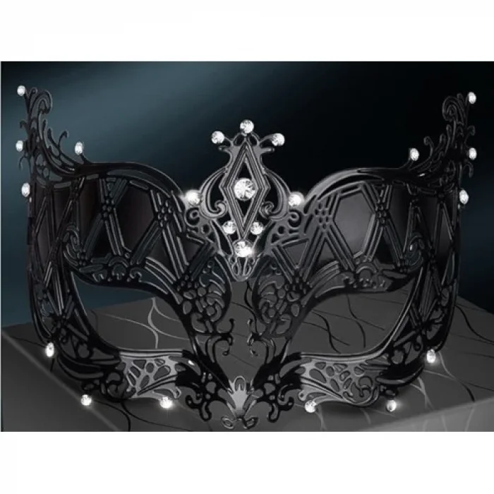  Kristal Gümüş Taşlı Siyah Lazer Kesim Metal Lüks Maske