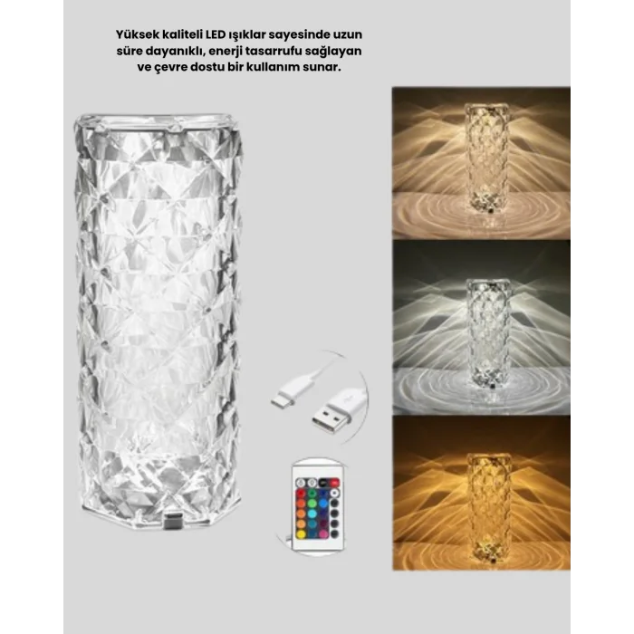 BUĞZ Kristal RGB LED’li Kumandalı Masa ve Gece Lambası – Renkli Işık Modlarıyla Şık Dekoratif Aydınlatma