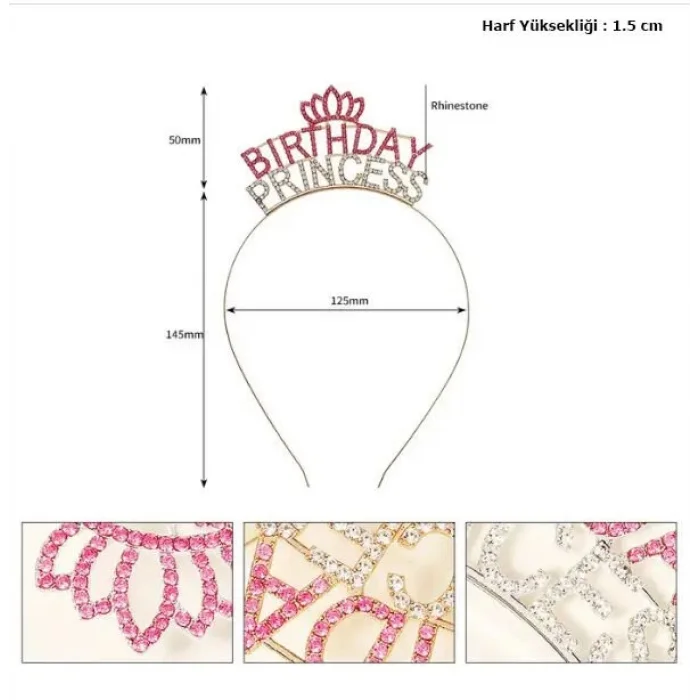 BUĞZ Kristal Taşlı Pembe Birthday Princess Yazılı Parti Tacı 19x11 cm