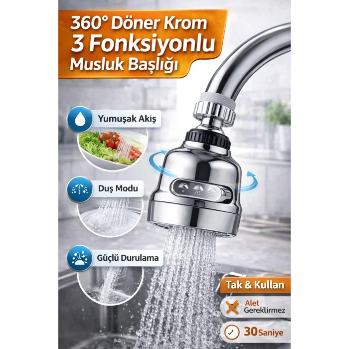 BUĞZ Krom 3 Fonksiyonlu Su Tasarruflu Musluk Başlığı Mutfak Çeşme Evye Batarya Ucu 360 derece Döner