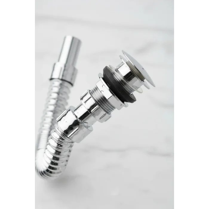 BUĞZ Krom Basmalı Sifon -Körüklü Sifon Bas Stoplu Lavabo Mutfak Sifonu-Paslanmaz