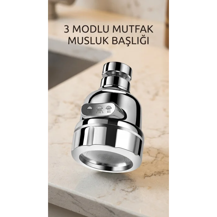 BUĞZ Krom Döner Musluk Ucu 3 Fonksiyonlu Su Tasarruflu Aparat Lavabo