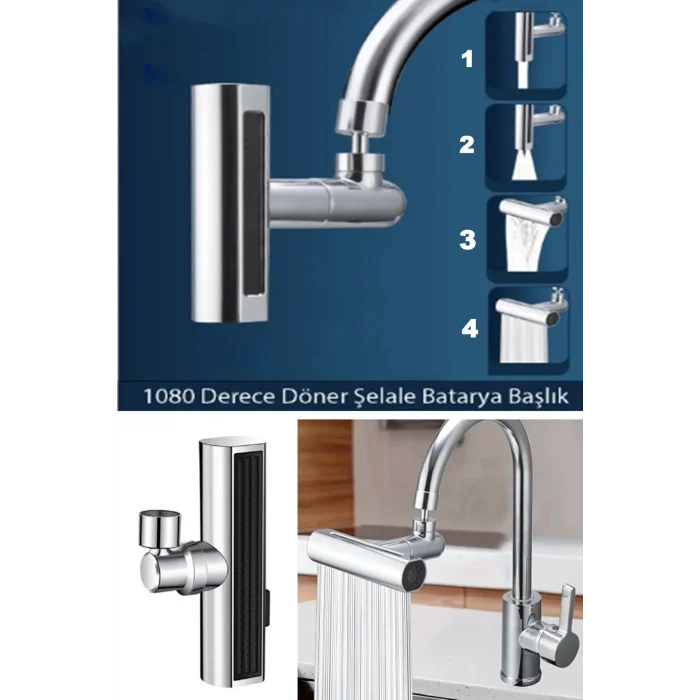  Krom Tasarruflu Şelale Musluk Başlığı 4 Modlu, Ayarlanabilir, Su Tasarrufu Sağlayan Pratik Başlık