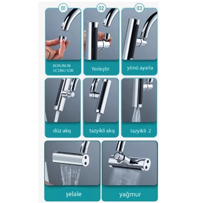 BUĞZ Krom Tasarruflu Şelale Musluk Başlığı 4 Modlu, Ayarlanabilir, Su Tasarrufu Sağlayan Pratik Başlık ( BUĞZ )