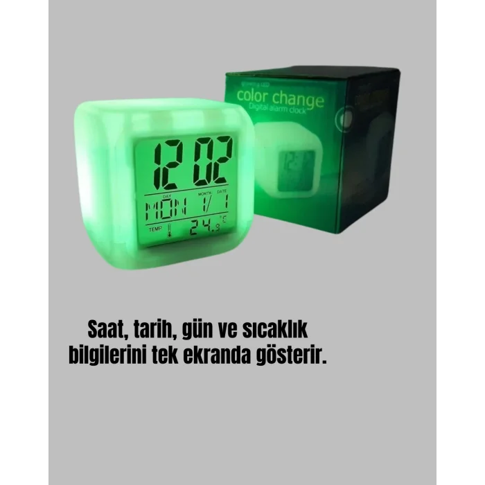 BUĞZ Kronometre ve Takvim Destekli Renk Değiştiren LED Dijital Küp Saat