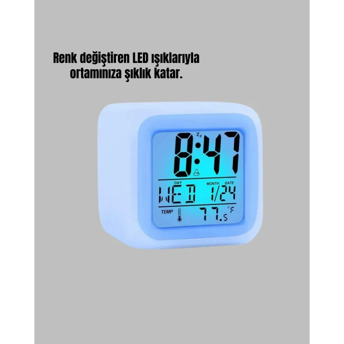 BUĞZ Kronometre ve Takvim Destekli Renk Değiştiren LED Dijital Küp Saat