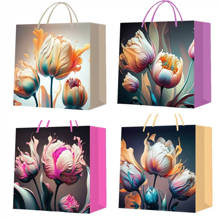 BUĞZ Küçük Boy Lale Desenli Karton Hediye Çantası