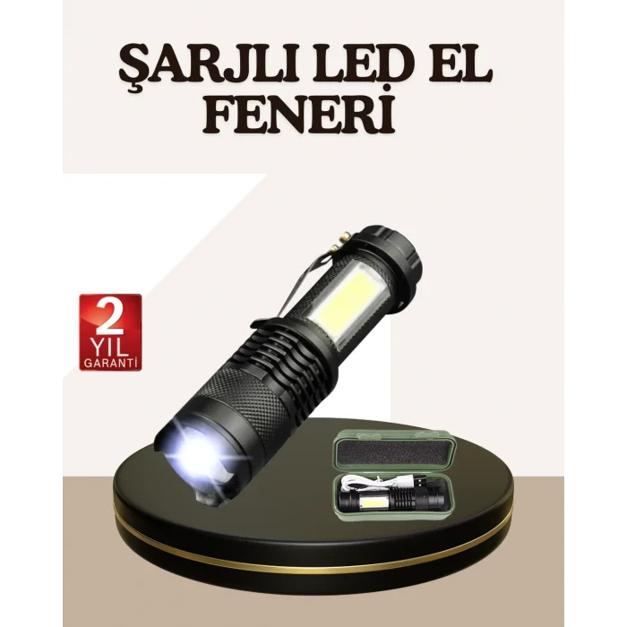 BUĞZ Küçük Boy Şarjlı LED El Feneri Taşınabilir Klipsli