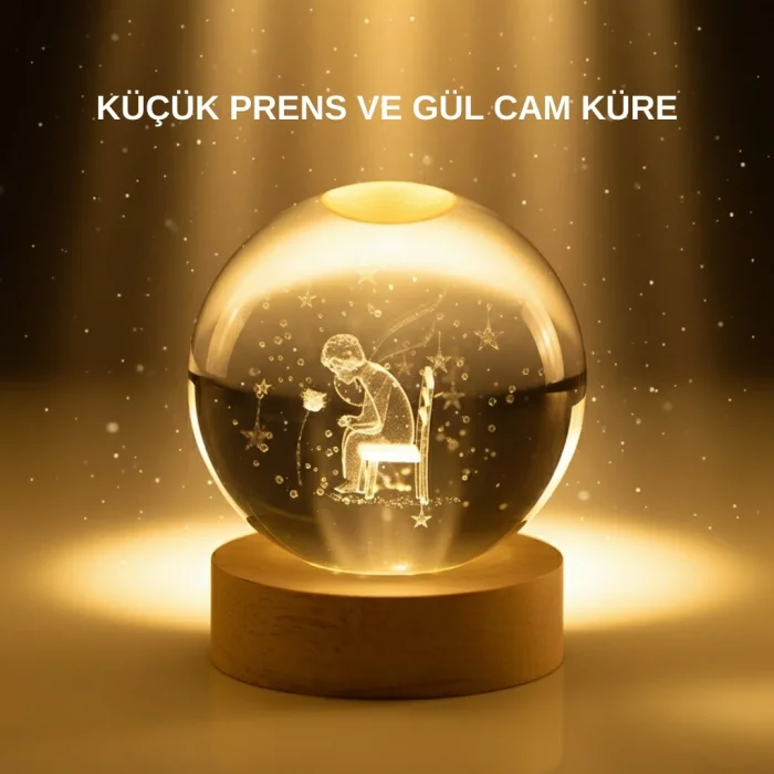 BUĞZ Küçük Prens Cam Küre USB Işıklı Ahşap Standlı Büyük Boy