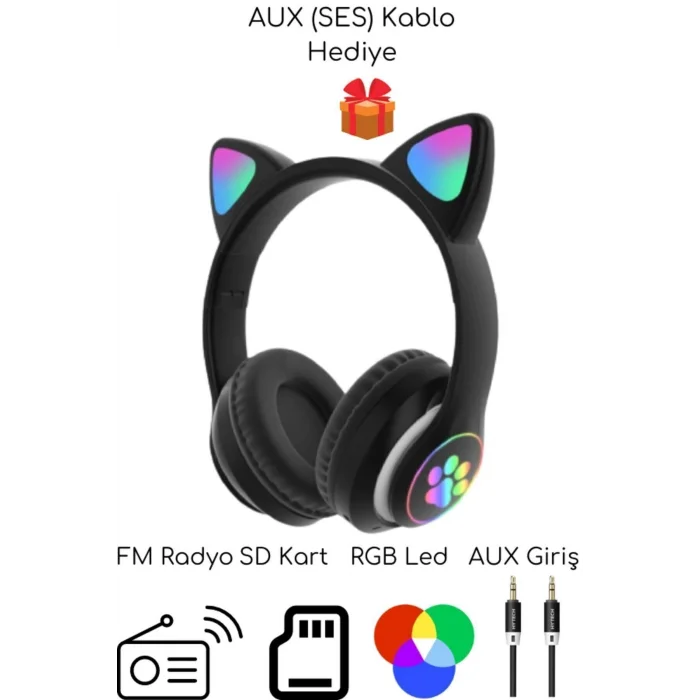 BUĞZ Kulak üstü Bluetooth 5.0 gri kedili kulaklık mikrofonlu FM radyo SD kart AUX RGB ışıklı