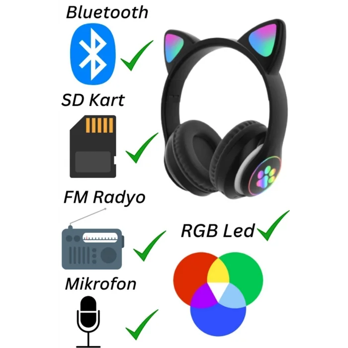 BUĞZ Kulak üstü Bluetooth 5.0 gri kedili kulaklık mikrofonlu FM radyo SD kart AUX RGB ışıklı