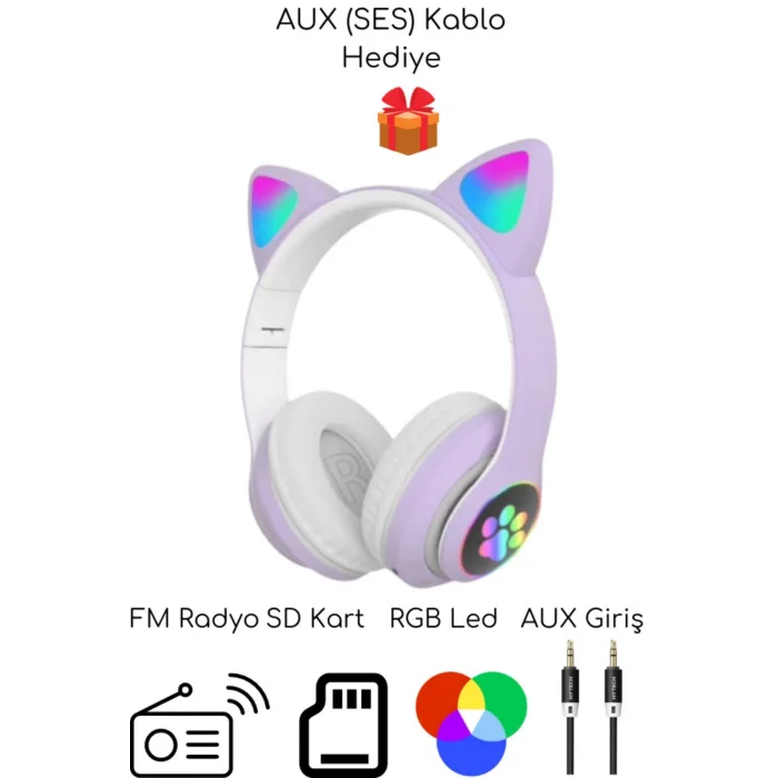 BUĞZ Kulak üstü Bluetooth kulaklık mor renk ANC mikrofon FM radyo SD kart aux girişli