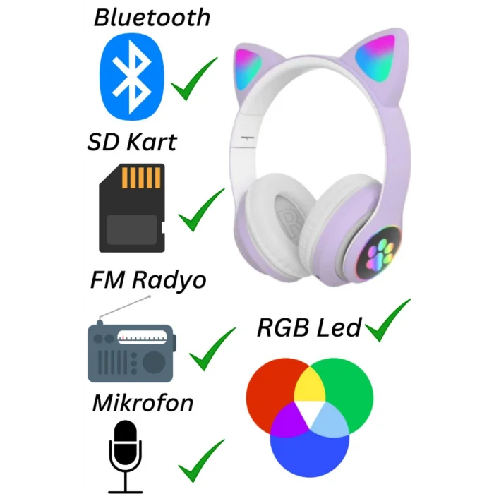 BUĞZ Kulak üstü Bluetooth kulaklık mor renk ANC mikrofon FM radyo SD kart aux girişli