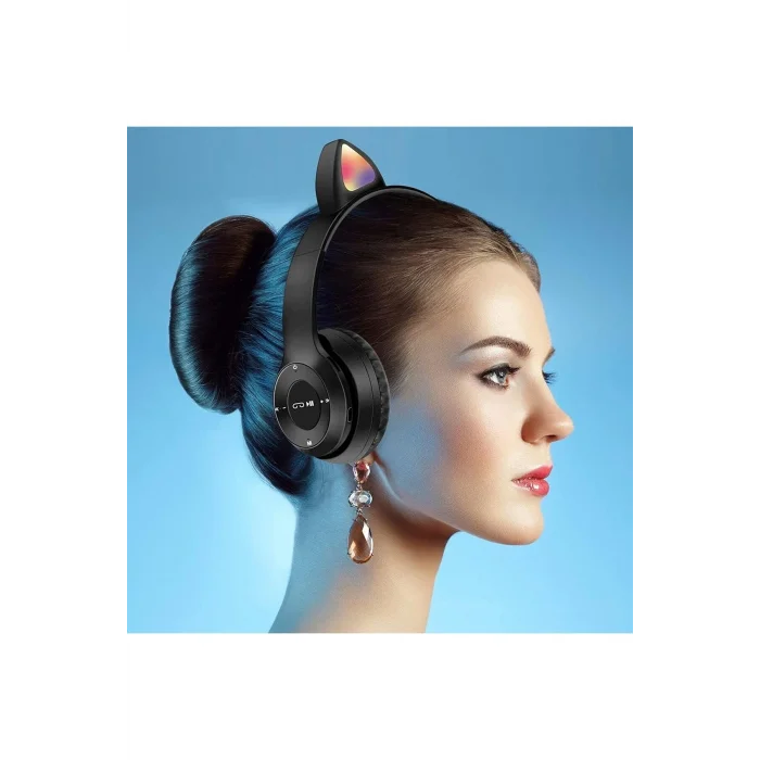BUĞZ Kulak Üstü Bluetooth Kulaklık, RGB Işıklı ve Dokunmatik Kontrollü, Mikrofonlu, Siyah Renk