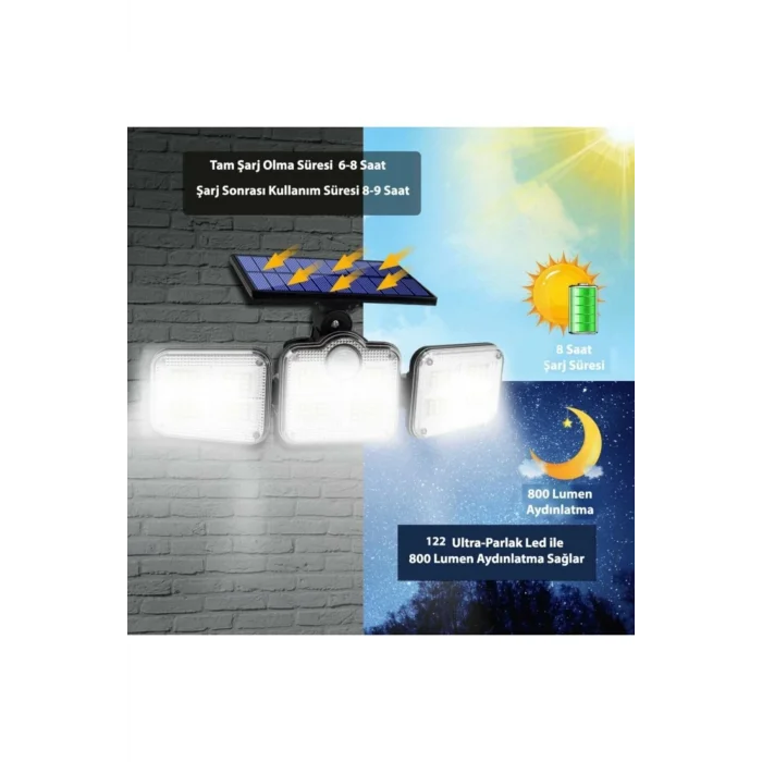 BUĞZ Kumandalı Solar Güneş Enerjili 122 Ledli Hareket Sensörlü Bahçe Aydınlatma Sokak Lambası - Lisinya