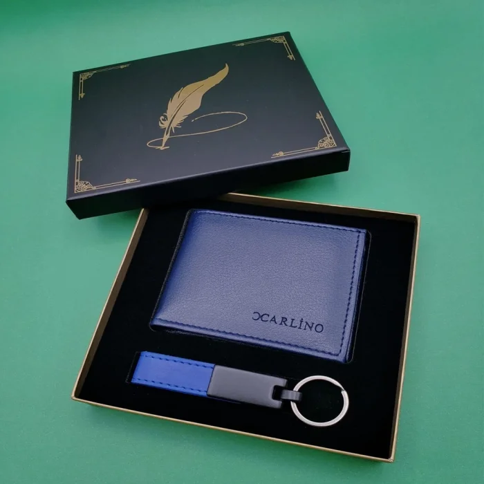  Kutulu Mavi Deri Cüzdan Ve Anahtarlık Seti