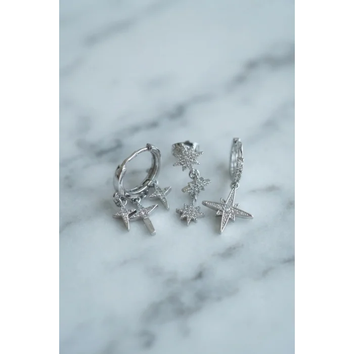 BUĞZ Kutup Yıldızı Model Gümüş Renk 3 lü Küpe Set