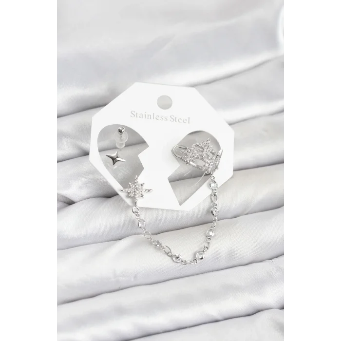 BUĞZ Kutup Yıldızı Model Pirinç Gümüş Renk Zincir Bağlantılı Ear Cuff Küpe Seti